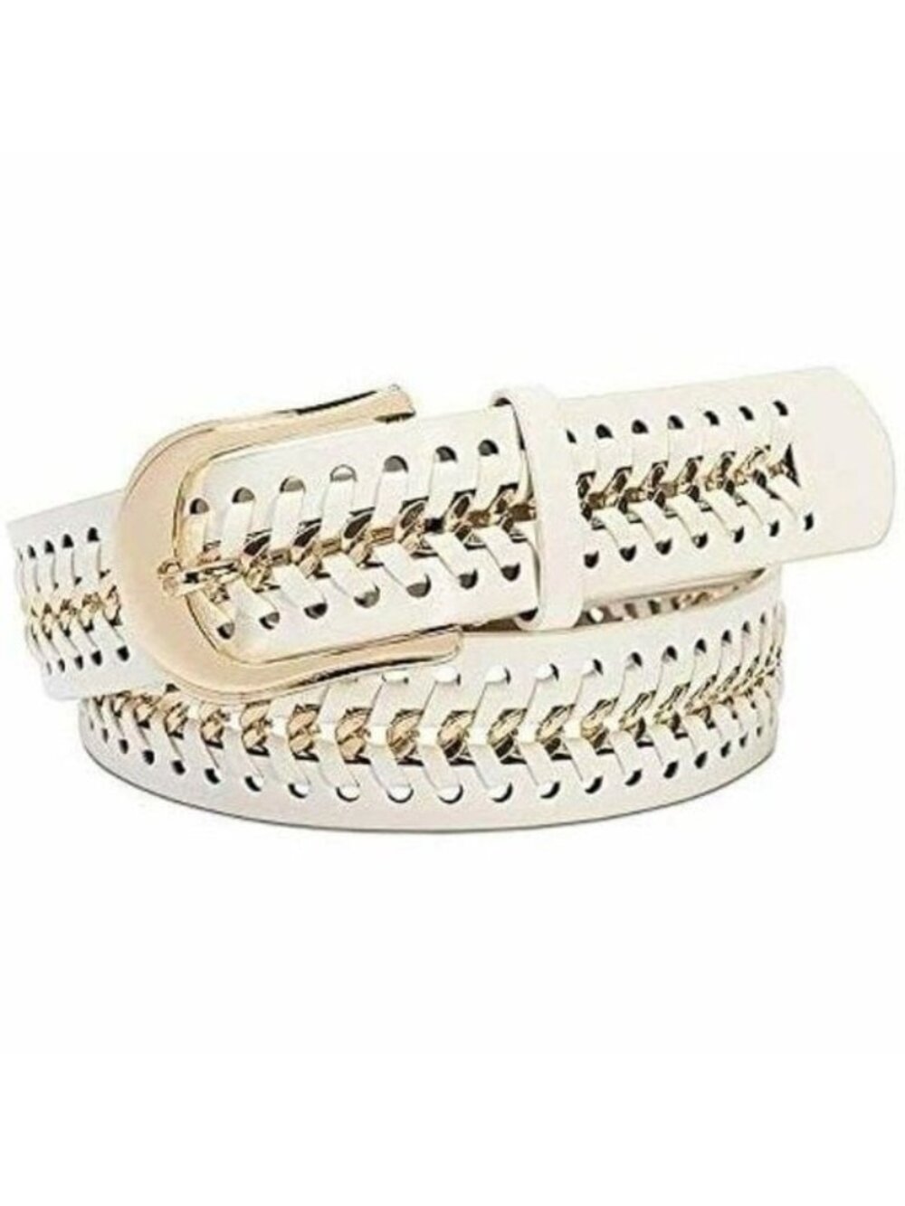 INC International Concepts Chain Link Faux Leather Belt, White/Gold, Sz. L